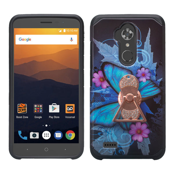 ZTE Max XL Case, ZTE Blade Max 3 Case, ZTE Zmax Pro 2 Hybrid Defender Protective Case Cover w/ Fidget Spinner - (Blue Butterfly)- www.coverlabusa.com