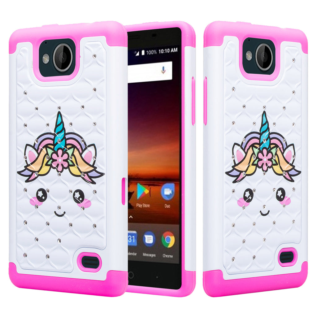 zte tempo case crystal rhinestone - white unicorn - www.coverlabusa.com