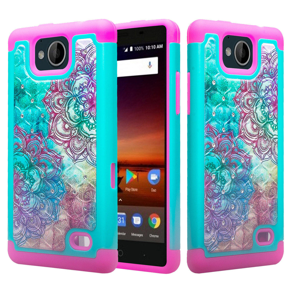 zte tempo case crystal rhinestone - teal flower - www.coverlabusa.com