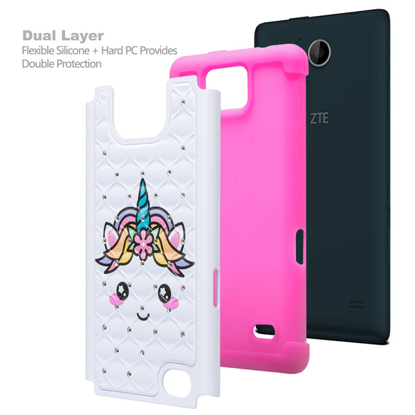 zte tempo case crystal rhinestone - white unicorn - www.coverlabusa.com