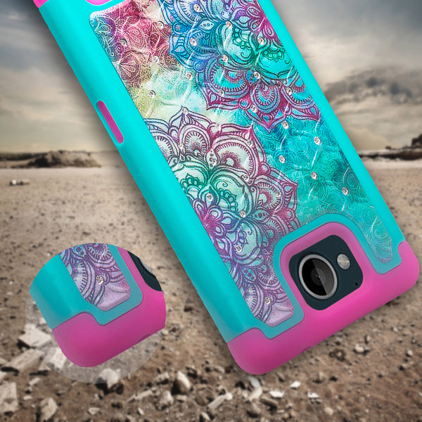 zte tempo case crystal rhinestone - teal flower - www.coverlabusa.com