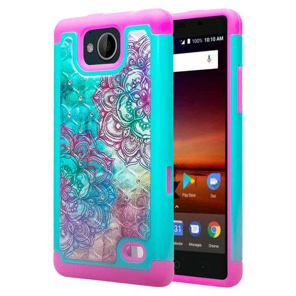 zte tempo case crystal rhinestone - teal flower - www.coverlabusa.com