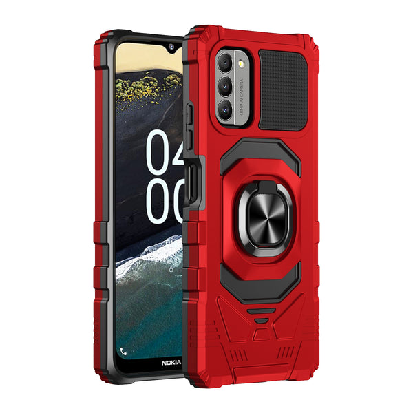 For Nokia C300 Case [Military Grade] Ring Car Mount Kickstand w/[Tempered Glass] Hybrid Hard PC Soft TPU Shockproof Protective Case - Red