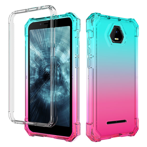 For Boost Schok Volt SV55 Case with Temper Glass Screen Protector Full-Body Rugged Protection - Teal/Pink