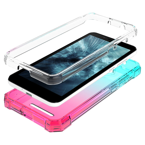 For Boost Schok Volt SV55 Case with Temper Glass Screen Protector Full-Body Rugged Protection - Teal/Pink