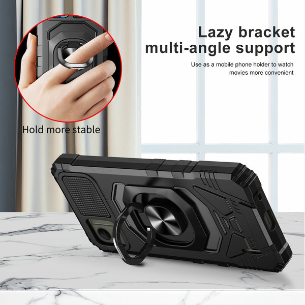 For Nokia C110 Case [Military Grade] Ring Car Mount Kickstand w/[Tempered Glass] Hybrid Hard PC Soft TPU Shockproof Protective Case - Black