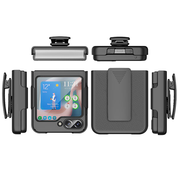 Samsung Galaxy Z Flip5 Case, Rugged Slim Rotating Swivel Lock Holster Shell Combo Clip Cover - Black