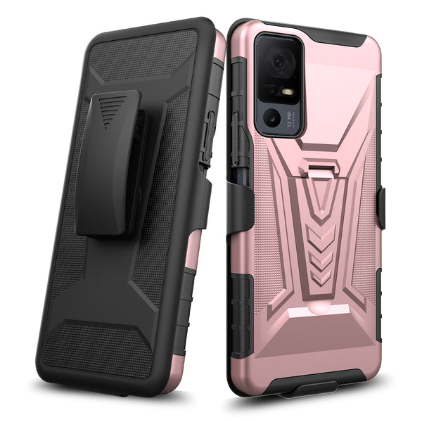 For Alcatel Jitterbug Smart 4 Case with Tempered Glass Screen Protector Heavy Duty Protective Phone Case,Built-in Kickstand Rugged Shockproof Protective Phone Case - Rose Gold