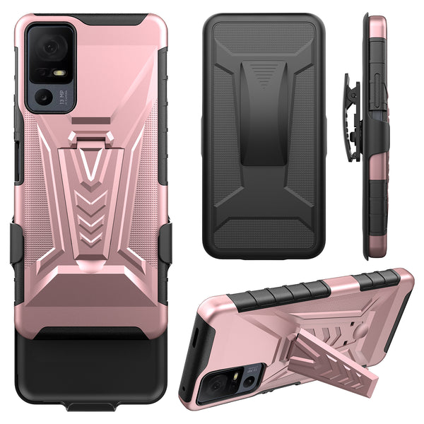 For Alcatel Jitterbug Smart 4 Case with Tempered Glass Screen Protector Heavy Duty Protective Phone Case,Built-in Kickstand Rugged Shockproof Protective Phone Case - Rose Gold