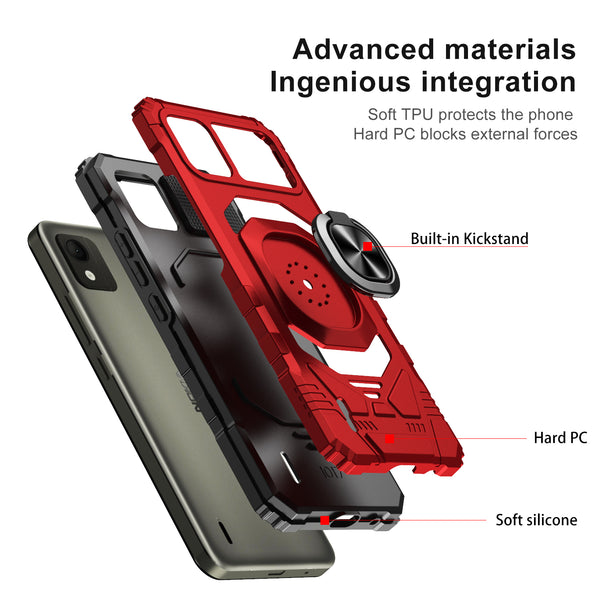 For Nokia C110 Case [Military Grade] Ring Car Mount Kickstand w/[Tempered Glass] Hybrid Hard PC Soft TPU Shockproof Protective Case - Red