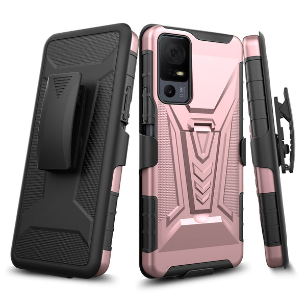 For Alcatel Jitterbug Smart 4 Case with Tempered Glass Screen Protector Heavy Duty Protective Phone Case,Built-in Kickstand Rugged Shockproof Protective Phone Case - Rose Gold