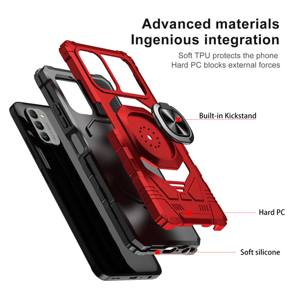 For Nokia C300 Case [Military Grade] Ring Car Mount Kickstand w/[Tempered Glass] Hybrid Hard PC Soft TPU Shockproof Protective Case - Red