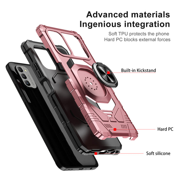 For Nokia C300 Case [Military Grade] Ring Car Mount Kickstand w/[Tempered Glass] Hybrid Hard PC Soft TPU Shockproof Protective Case - Rose Gold