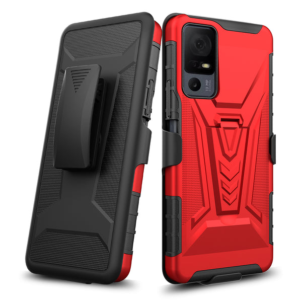 For Alcatel Jitterbug Smart 4 Case with Tempered Glass Screen Protector Heavy Duty Protective Phone Case,Built-in Kickstand Rugged Shockproof Protective Phone Case - Red