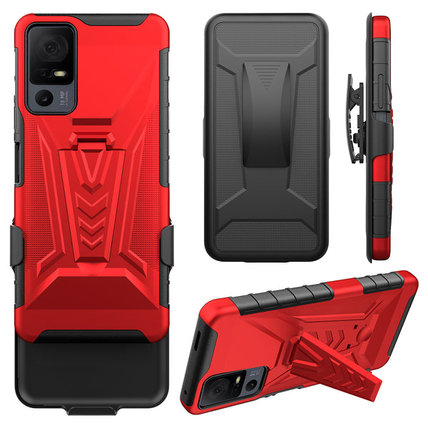 For Alcatel Jitterbug Smart 4 Case with Tempered Glass Screen Protector Heavy Duty Protective Phone Case,Built-in Kickstand Rugged Shockproof Protective Phone Case - Red