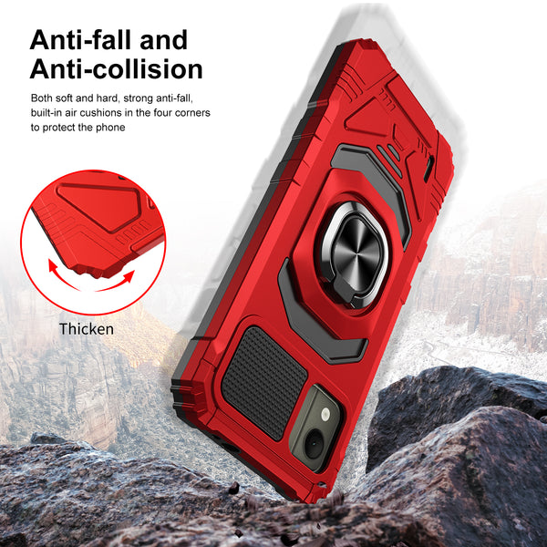 For Nokia C110 Case [Military Grade] Ring Car Mount Kickstand w/[Tempered Glass] Hybrid Hard PC Soft TPU Shockproof Protective Case - Red