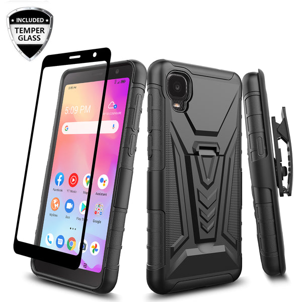 For TCL Ion Z/A3/A30 Case with Tempered Glass Screen Protector Heavy Duty Protective Phone Case,Built-in Kickstand Rugged Shockproof Protective Phone Case - Black