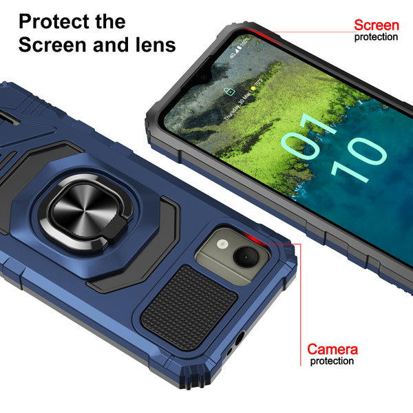 For Nokia C110 Case [Military Grade] Ring Car Mount Kickstand w/[Tempered Glass] Hybrid Hard PC Soft TPU Shockproof Protective Case - Blue