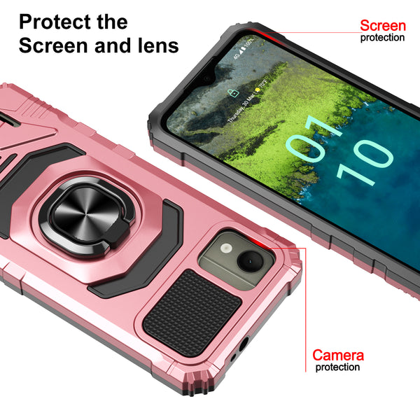 For Nokia C110 Case [Military Grade] Ring Car Mount Kickstand w/[Tempered Glass] Hybrid Hard PC Soft TPU Shockproof Protective Case - Rose Gold