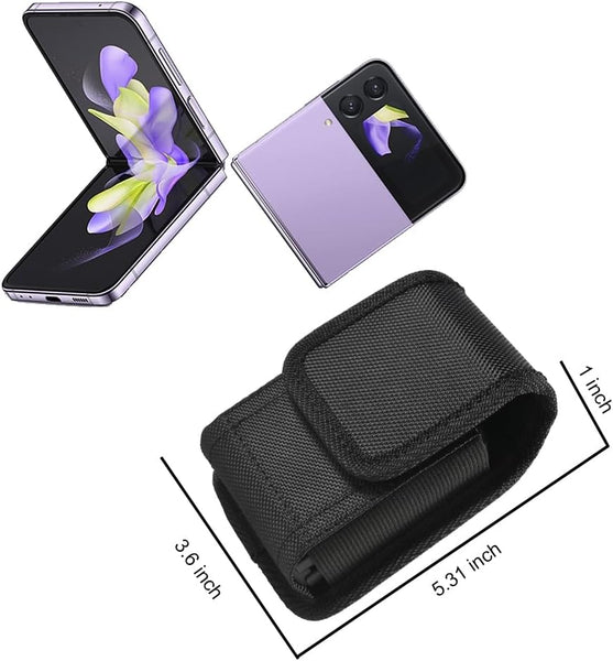 Case for Moto Razr+ Plus/Razr 2023/Galaxy Z Flip 5 4 3 Phone Case Black Balistic Nylon Leather Vertical Pouch [Belt Loop, Metal Clip] for Samsung Z Flip 5 5G, Z Flip4/3