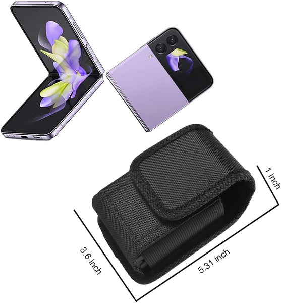 Case for Moto Razr+ / Galaxy Z Flip 5 4 3 Phone Case Black Balistic Nylon Leather Vertical Pouch [Belt Loop, Metal Clip, Magnetic Closure] for Samsung Z Flip 5 5G, Z Flip3