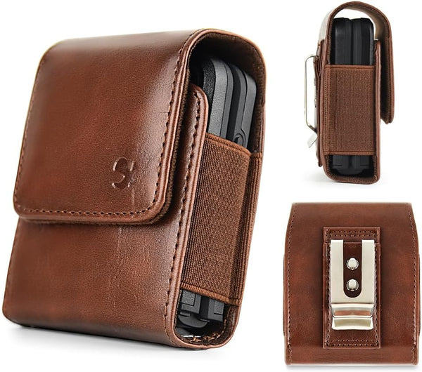 Case for Moto Razr+ Plus/Razr 2023 / Galaxy Z Flip 5 4 3 Phone Case Leather Vertical Pouch [Belt Loop, Metal Clip, Magnetic Closure] for Samsung Z Flip 5 5G, Z Flip3 - Brown