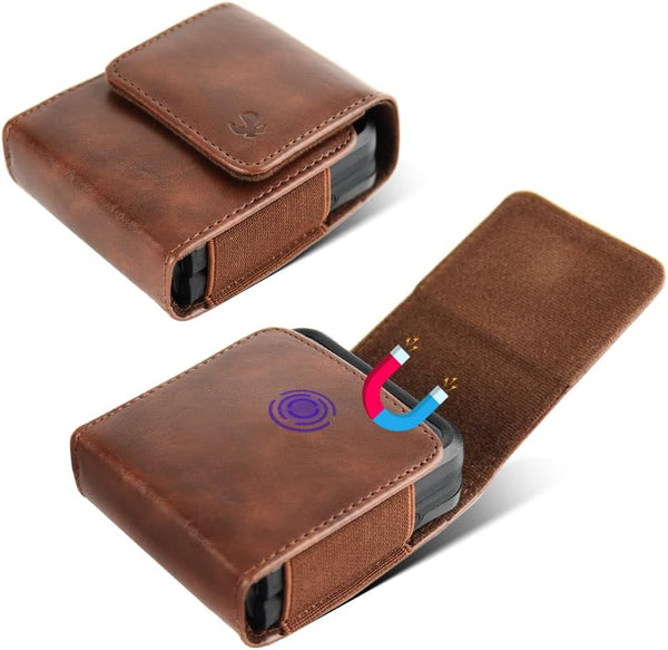 Case for Moto Razr+ Plus/Razr 2023 / Galaxy Z Flip 5 4 3 Phone Case Leather Vertical Pouch [Belt Loop, Metal Clip, Magnetic Closure] for Samsung Z Flip 5 5G, Z Flip3 - Brown