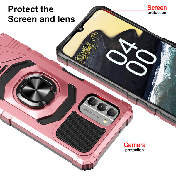 For Nokia C300 Case [Military Grade] Ring Car Mount Kickstand w/[Tempered Glass] Hybrid Hard PC Soft TPU Shockproof Protective Case - Rose Gold