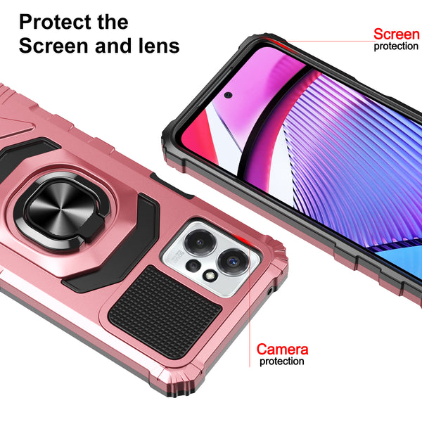 For Motorola moto g Power 2023 Case with Tempered Glass Screen Protector Hybrid Ring Shockproof Hard Case Phone Cover - Rose Gold
