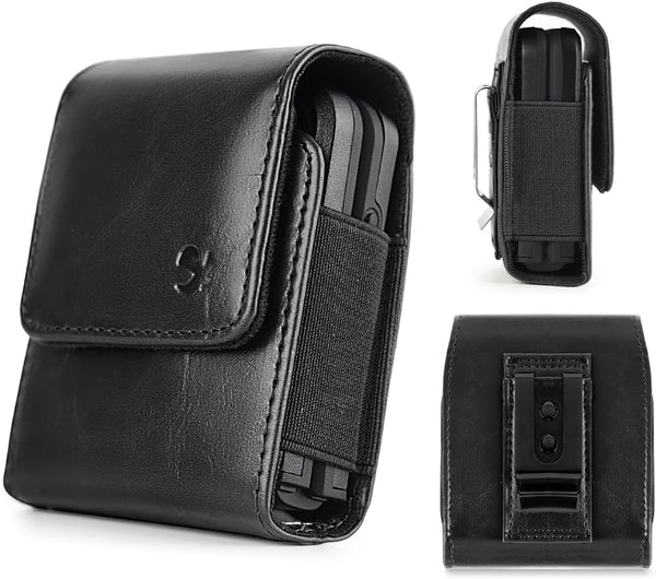 Case for Moto Razr+ Plus/Razr 2023 / Galaxy Z Flip 5 4 3 Phone Case Leather Vertical Pouch [Belt Loop, Metal Clip, Magnetic Closure] for Samsung Z Flip 5 5G, Z Flip3 - Black