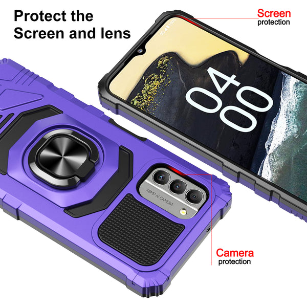 For Nokia C300 Case [Military Grade] Ring Car Mount Kickstand w/[Tempered Glass] Hybrid Hard PC Soft TPU Shockproof Protective Case - Purple