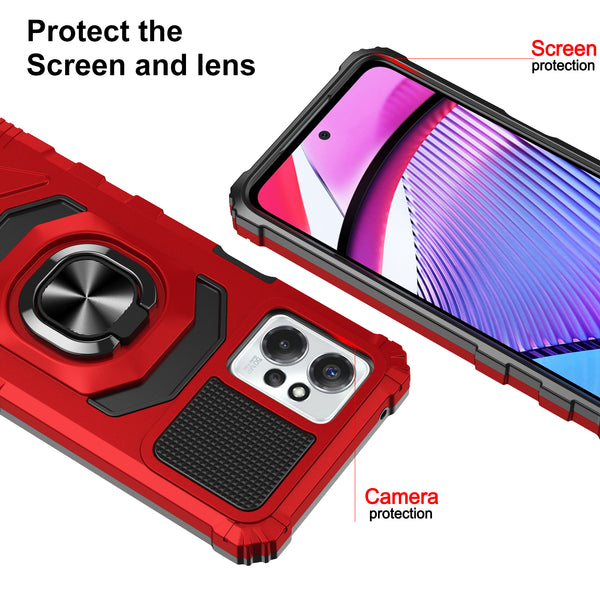 For Motorola moto g Power 2023 Case with Tempered Glass Screen Protector Hybrid Ring Shockproof Hard Case Phone Cover - Red