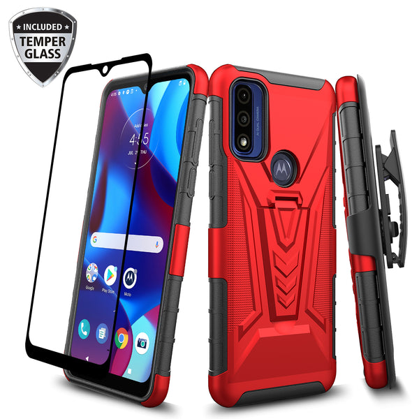 For Motorola Moto G Power 5g 2023 Case with Tempered Glass Screen Protector Heavy Duty Protective Phone Case,Built-in Kickstand Rugged Shockproof Protective Phone Case - Red
