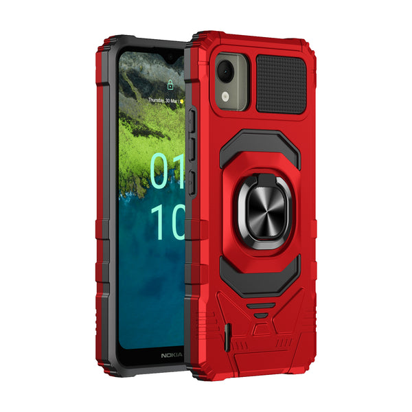 For Nokia C110 Case [Military Grade] Ring Car Mount Kickstand w/[Tempered Glass] Hybrid Hard PC Soft TPU Shockproof Protective Case - Red