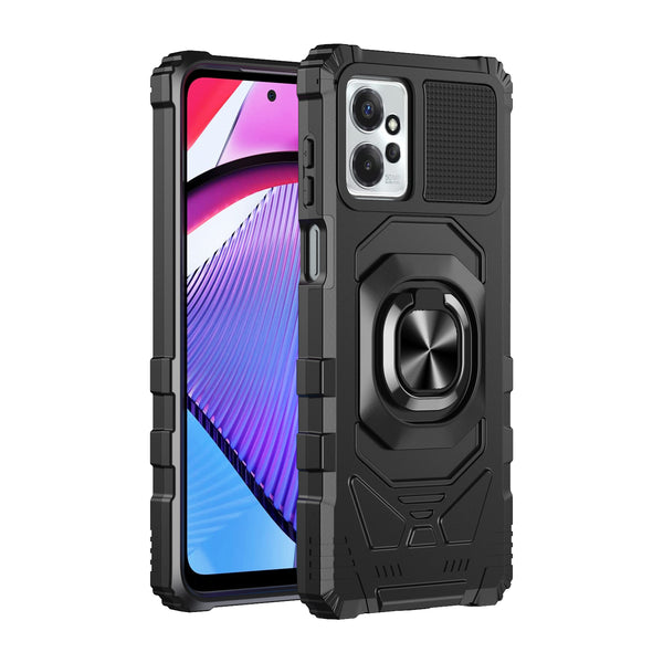 For Motorola moto g Power 2023 Case with Tempered Glass Screen Protector Hybrid Ring Shockproof Hard Case Phone Cover - Black
