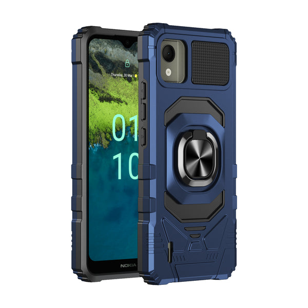 For Nokia C110 Case [Military Grade] Ring Car Mount Kickstand w/[Tempered Glass] Hybrid Hard PC Soft TPU Shockproof Protective Case - Blue