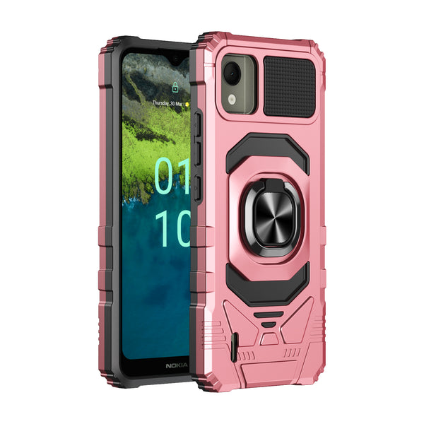 For Nokia C110 Case [Military Grade] Ring Car Mount Kickstand w/[Tempered Glass] Hybrid Hard PC Soft TPU Shockproof Protective Case - Rose Gold