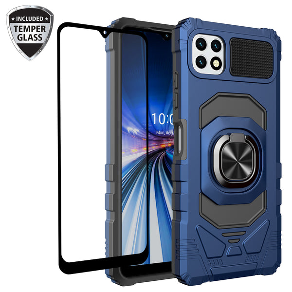 For Boost Celero 5G Plus Case with Tempered Glass Screen Protector Hybrid Ring Shockproof Hard Case Phone Cover - Blue
