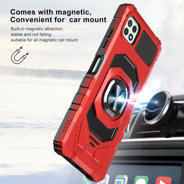 For Boost Celero 5G Plus Case with Tempered Glass Screen Protector Hybrid Ring Shockproof Hard Case Phone Cover - Red