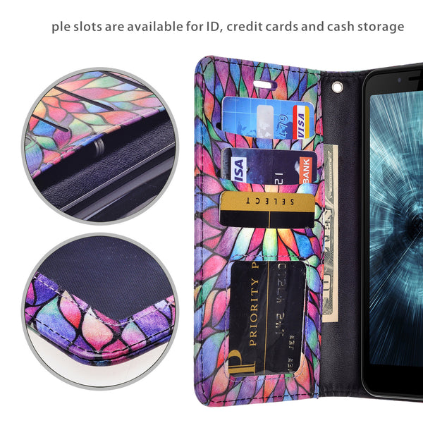 For Boost Schok Volt SV55 Case, Slim Flip Folio [Kickstand] Pu Leather Wallet Case with ID & Card Slots & Pocket - Rainbow Flower