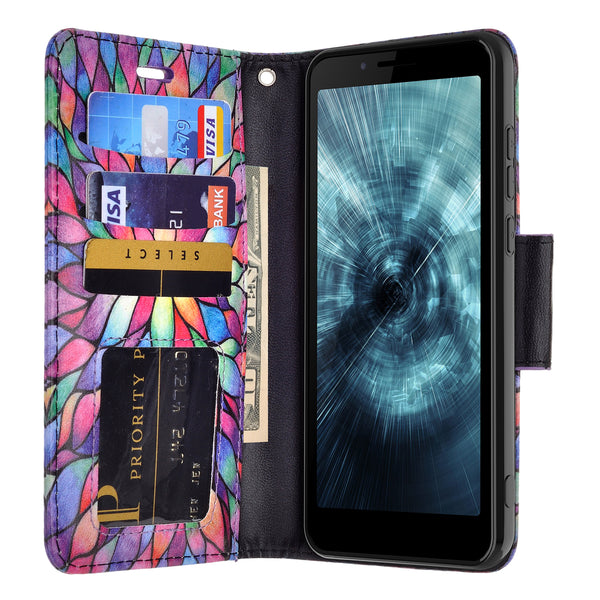 For Boost Schok Volt SV55 Case, Slim Flip Folio [Kickstand] Pu Leather Wallet Case with ID & Card Slots & Pocket - Rainbow Flower