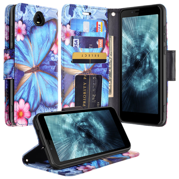 For Boost Schok Volt SV55 Case, Slim Flip Folio [Kickstand] Pu Leather Wallet Case with ID & Card Slots & Pocket - Blue Butterfly