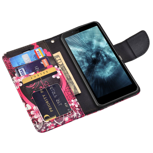 For Boost Schok Volt SV55 Case, Slim Flip Folio [Kickstand] Pu Leather Wallet Case with ID & Card Slots & Pocket - Heart Flower