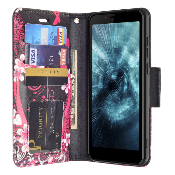 For Boost Schok Volt SV55 Case, Slim Flip Folio [Kickstand] Pu Leather Wallet Case with ID & Card Slots & Pocket - Heart Flower