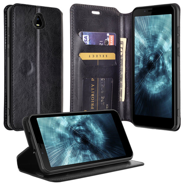 For Boost Schok Volt SV55 Case, Slim Flip Folio [Kickstand] Pu Leather Wallet Case with ID & Card Slots & Pocket - Black