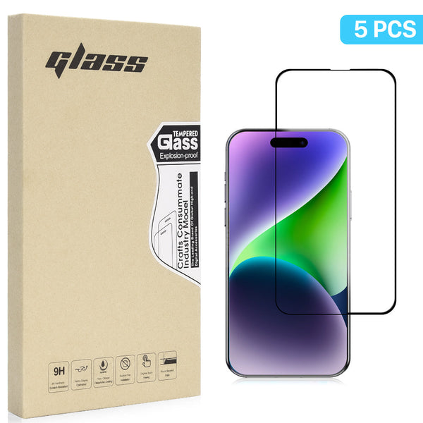 For Apple iPhone 15 Plus 2.5D Full Coverage Tempered Glass Protector - Black 5 Packs