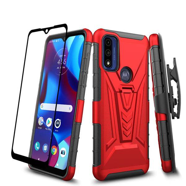 For Motorola Moto G Power 5g 2023 Case with Tempered Glass Screen Protector Heavy Duty Protective Phone Case,Built-in Kickstand Rugged Shockproof Protective Phone Case - Red