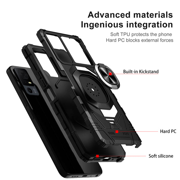 For Alcatel Jitterbug Smart 4 Case [Military Grade] Ring Car Mount Kickstand w/[Tempered Glass] Hybrid Hard PC Soft TPU Shockproof Protective Case - Black