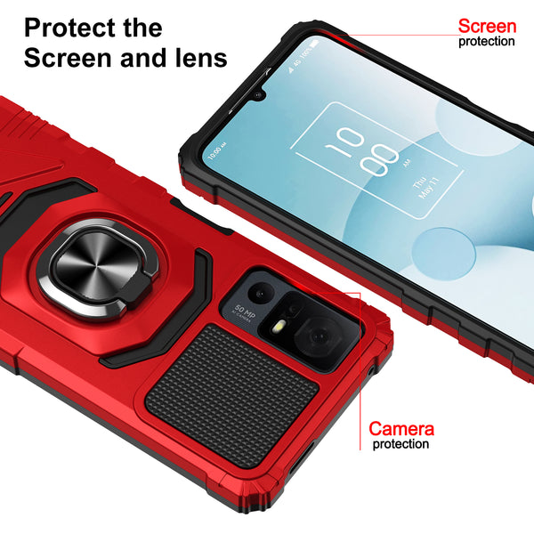 For Alcatel Jitterbug Smart 4 Case [Military Grade] Ring Car Mount Kickstand w/[Tempered Glass] Hybrid Hard PC Soft TPU Shockproof Protective Case - Red
