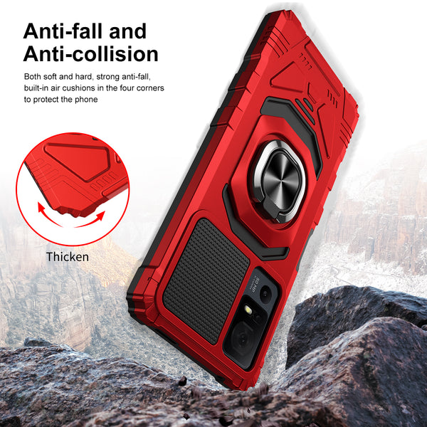 For Alcatel Jitterbug Smart 4 Case [Military Grade] Ring Car Mount Kickstand w/[Tempered Glass] Hybrid Hard PC Soft TPU Shockproof Protective Case - Red